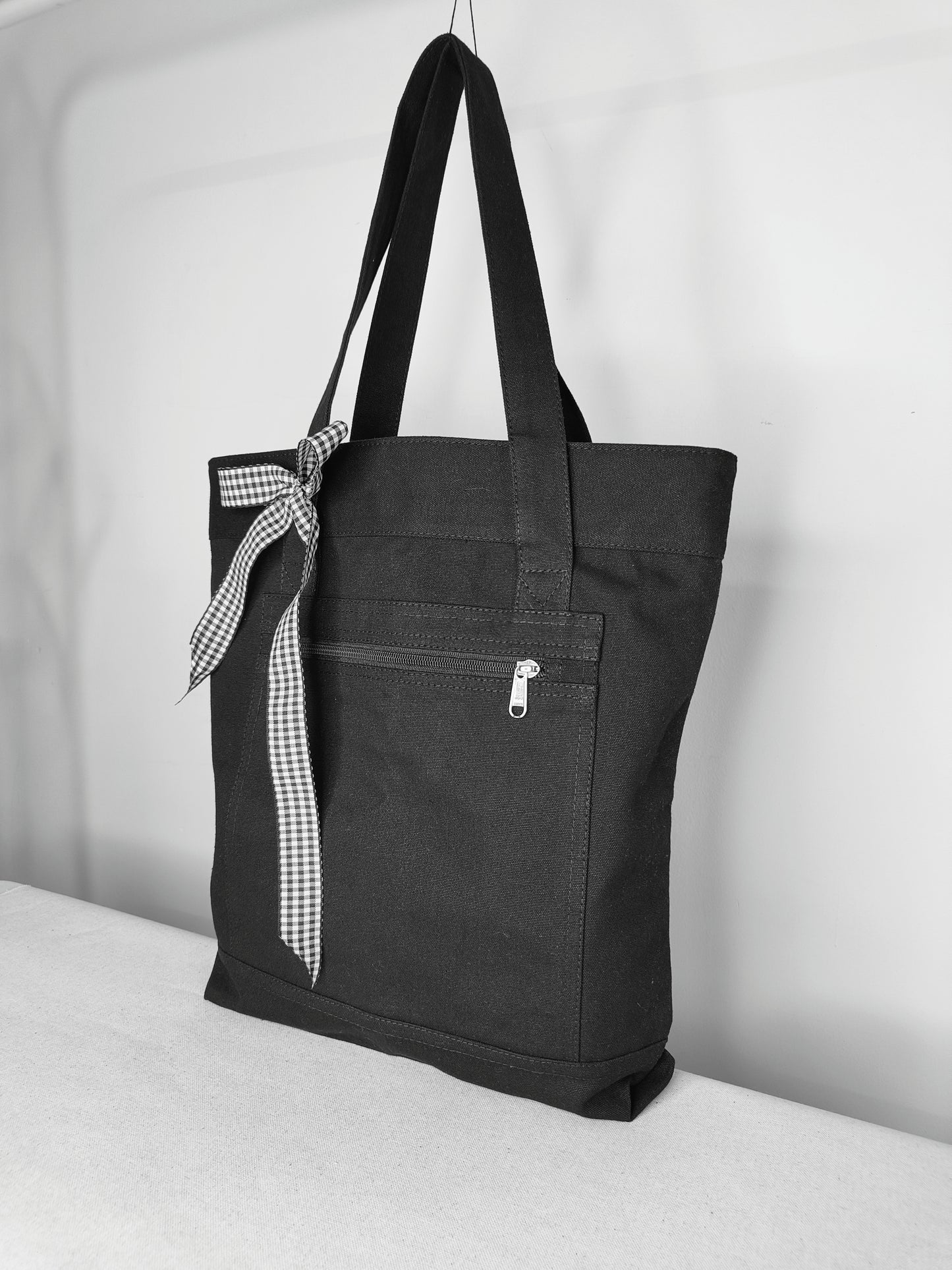 Bow Design Black Canvas Tote Bag|