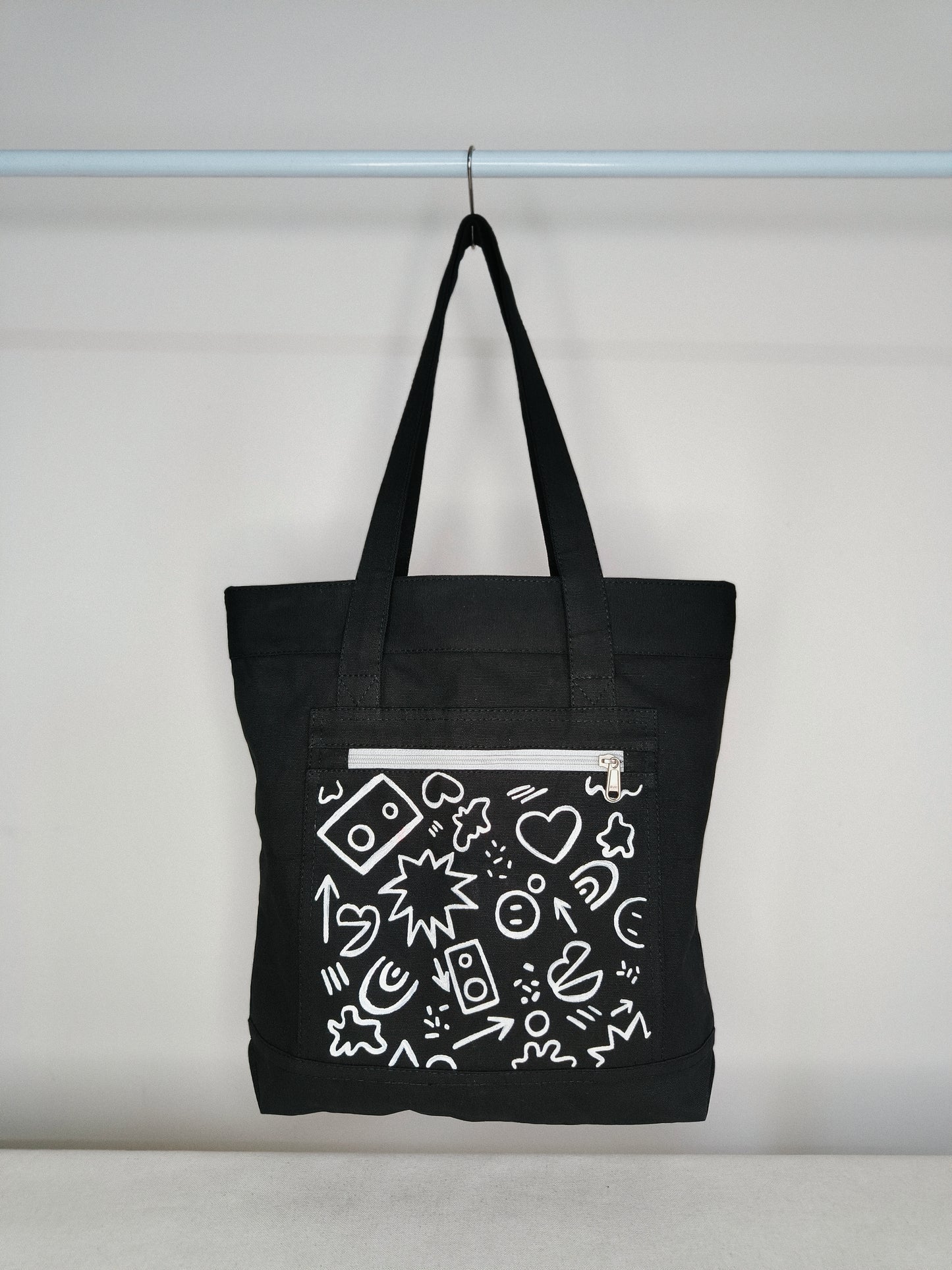 Doodle Art Black Canvas Tote Bag|