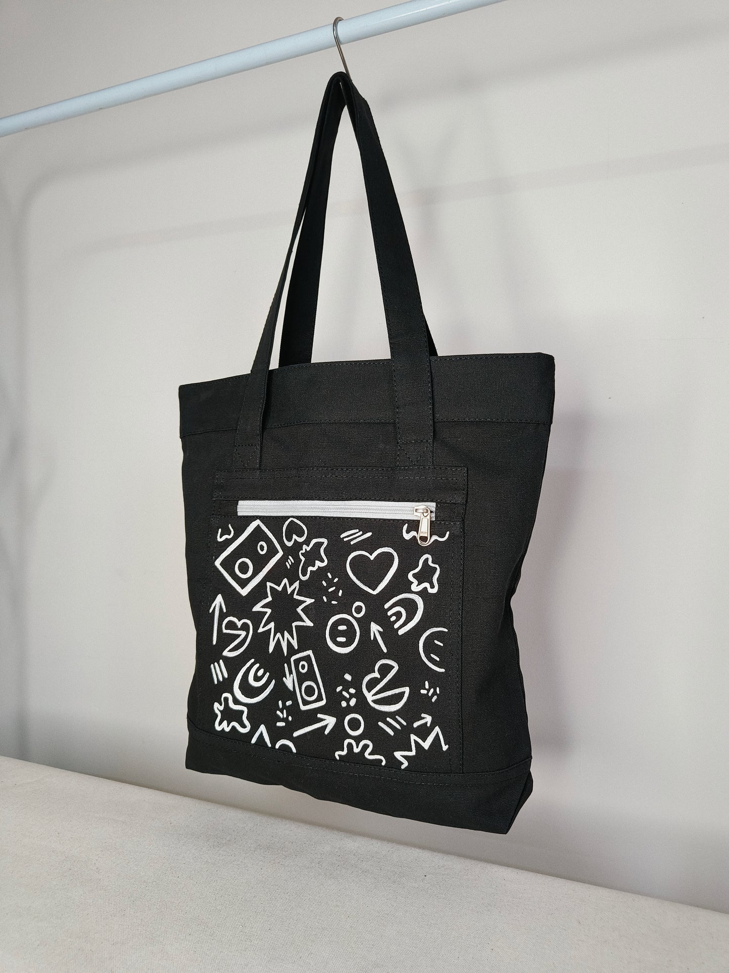 Doodle Art Black Canvas Tote Bag|