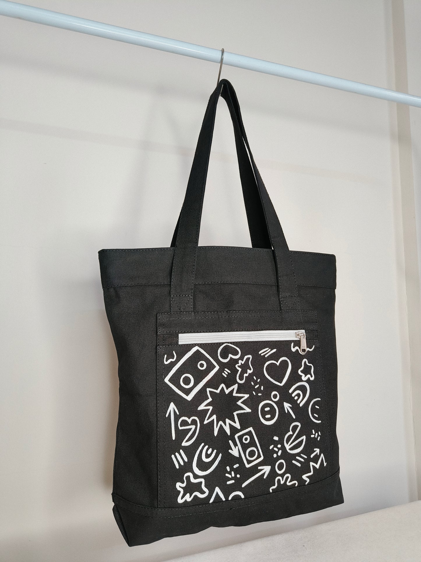 Doodle Art Black Canvas Tote Bag|