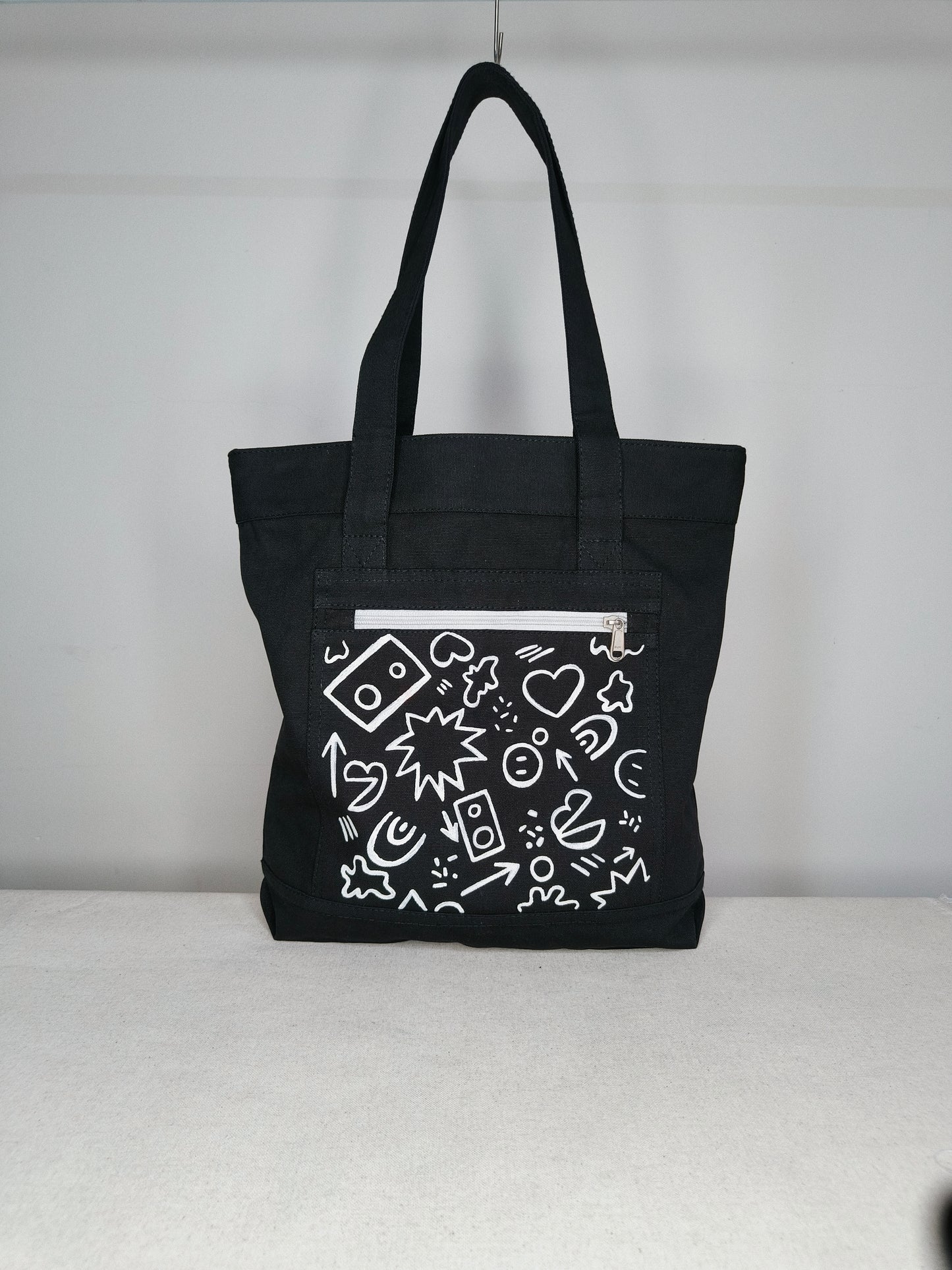 Doodle Art Black Canvas Tote Bag|