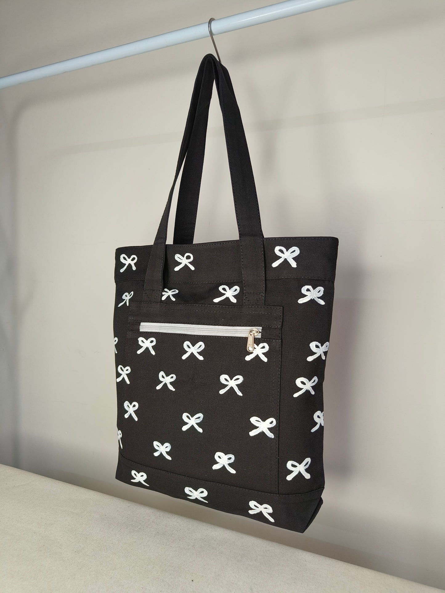 Bow Design Black Canvas Tote Bag|