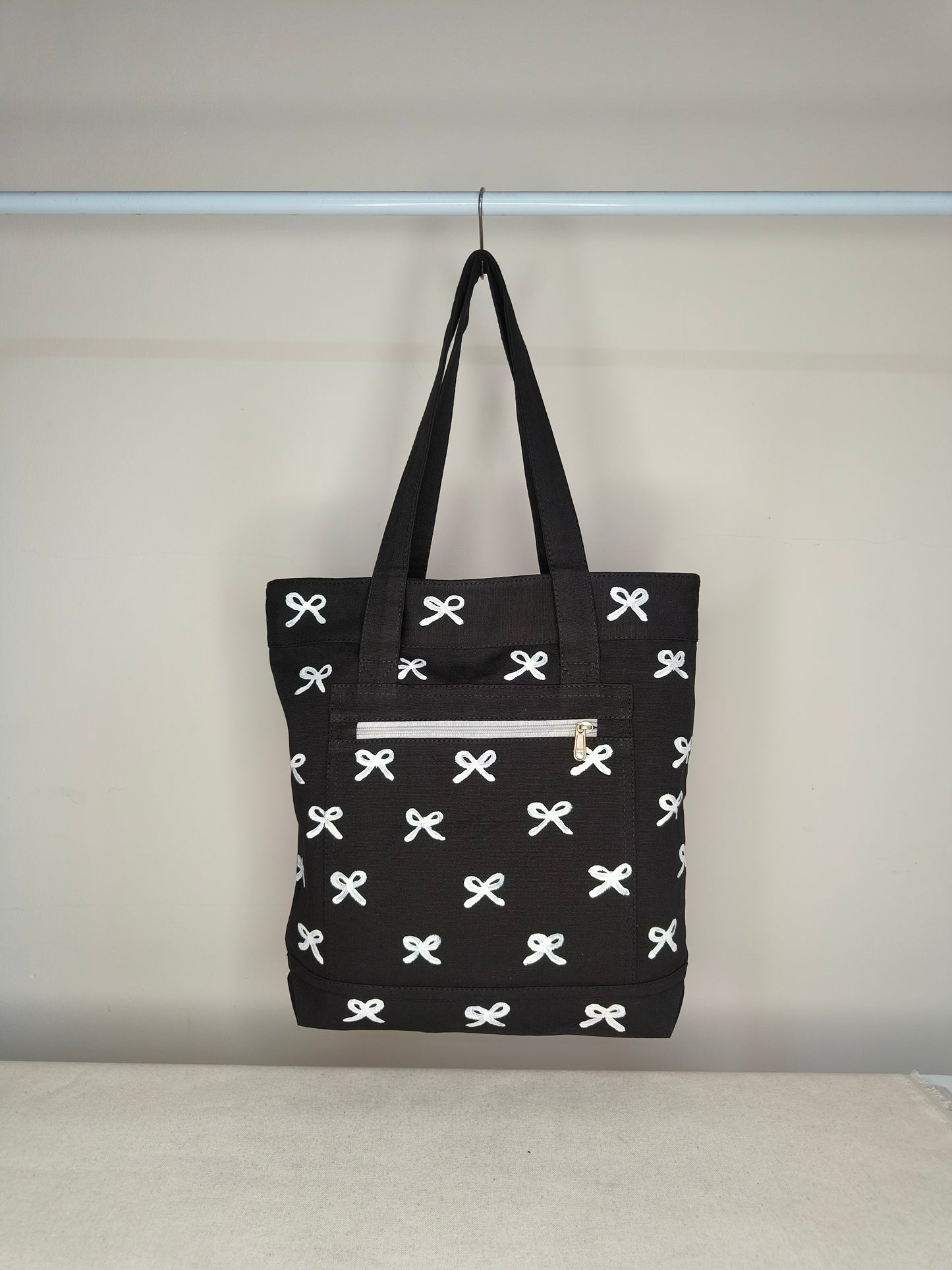 Bow Design Black Canvas Tote Bag|