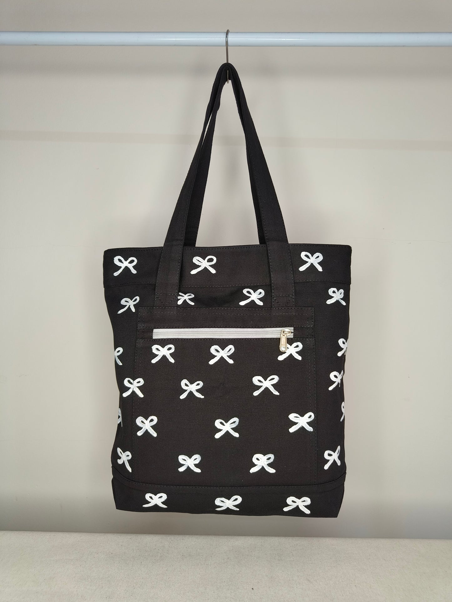 Bow Design Black Canvas Tote Bag|
