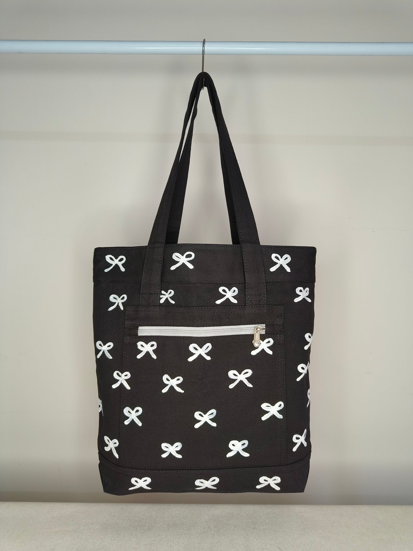 Bow Design Black Canvas Tote Bag|