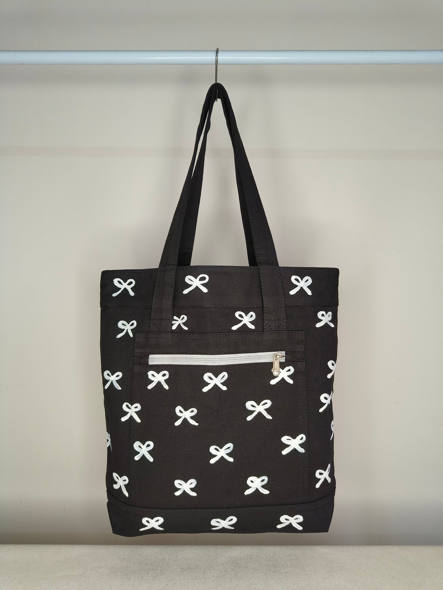 Bow Design Black Canvas Tote Bag|