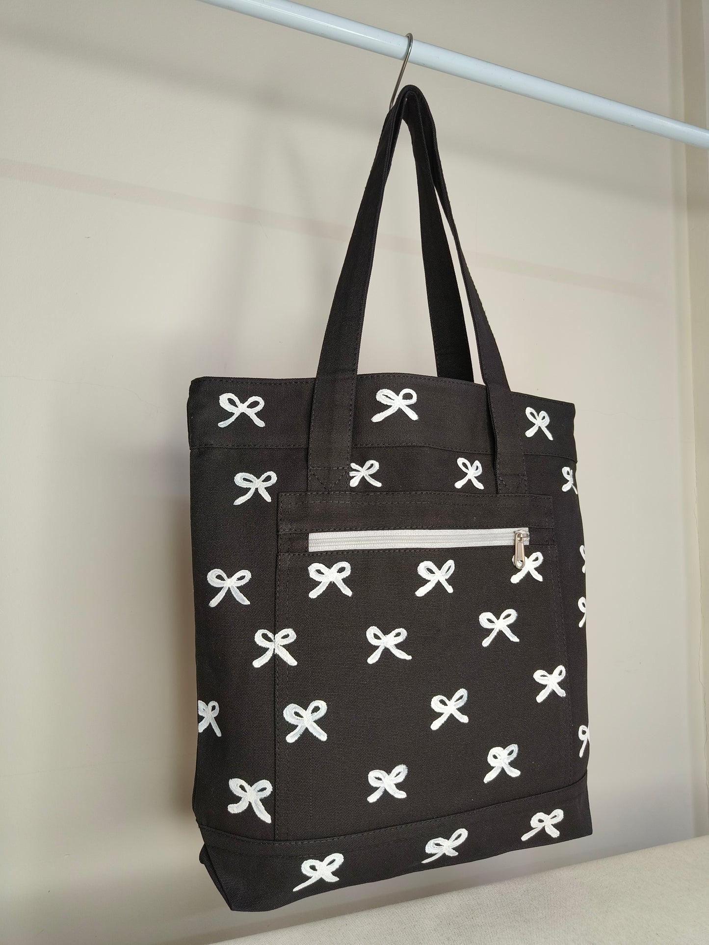 Bow Design Black Canvas Tote Bag|