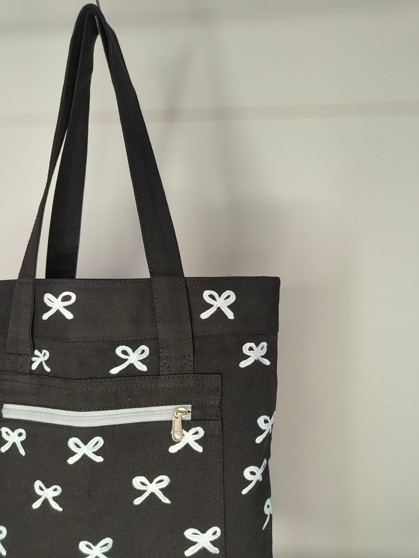 Bow Design Black Canvas Tote Bag|