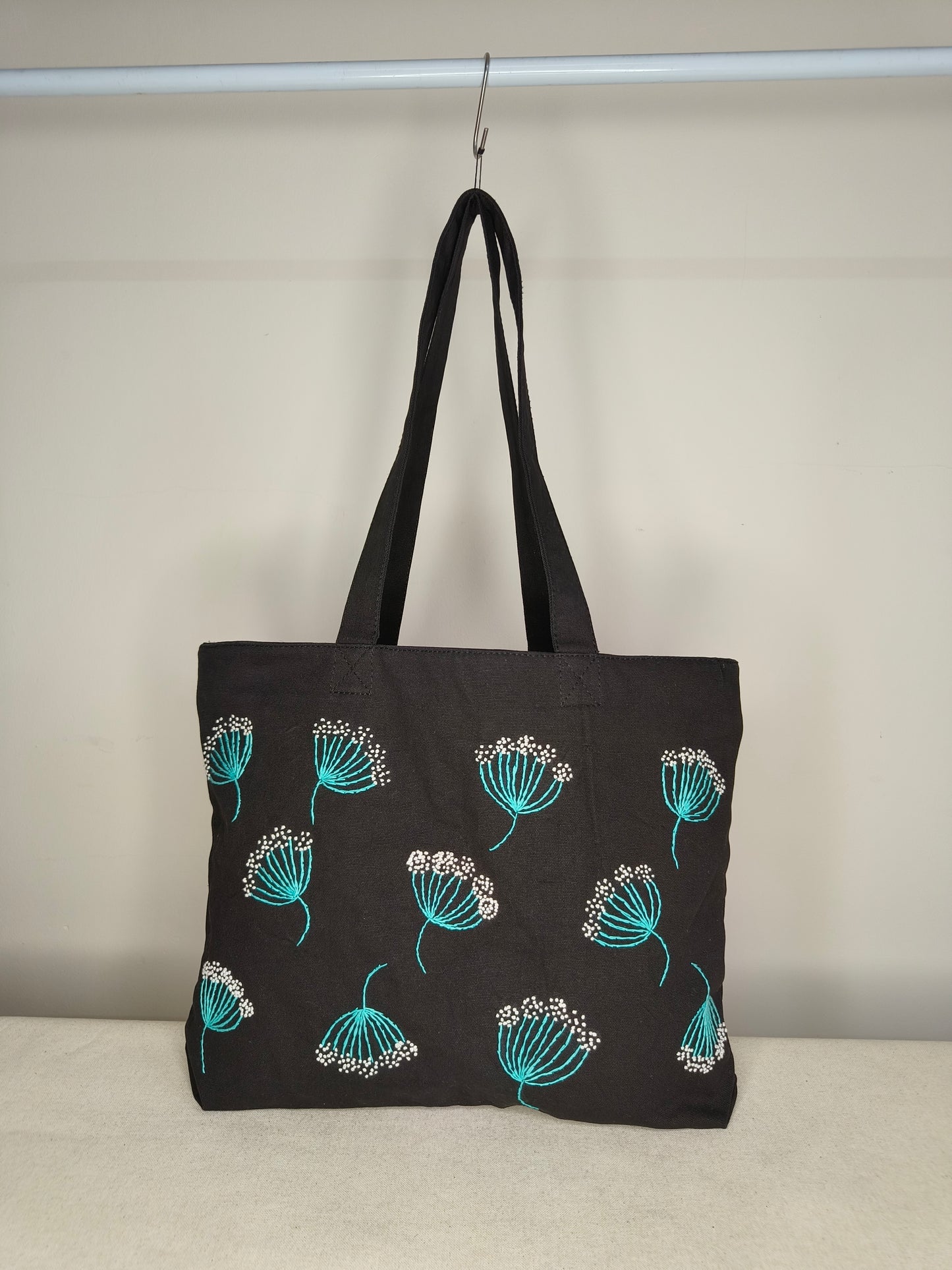 Embroidered Black Canvas Tote Bag|