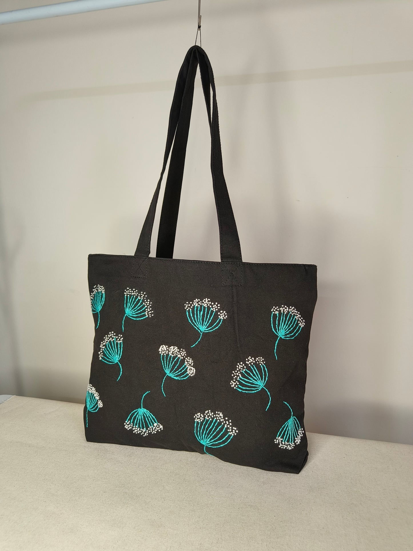 Embroidered Black Canvas Tote Bag|