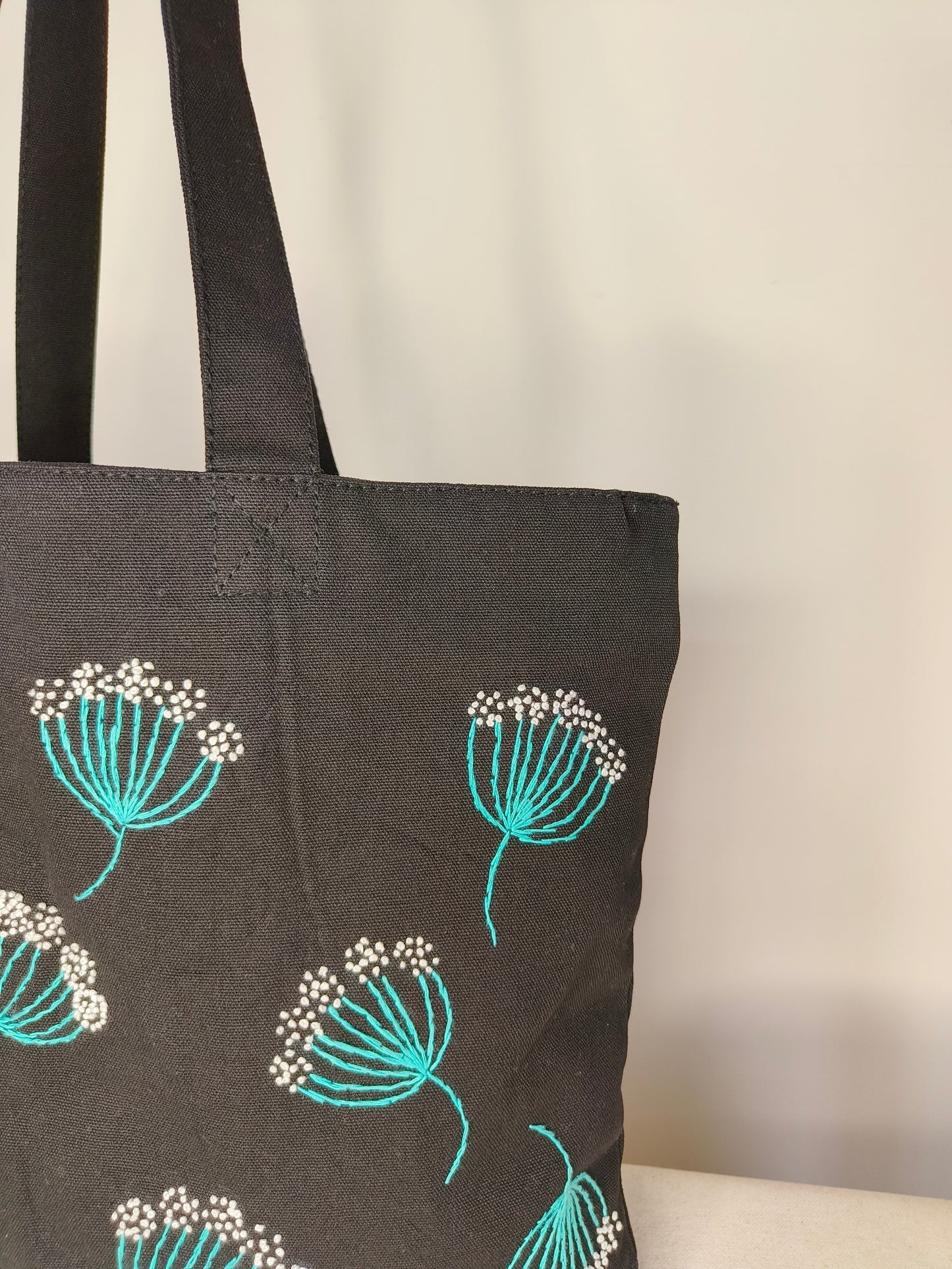 Embroidered Black Canvas Tote Bag|