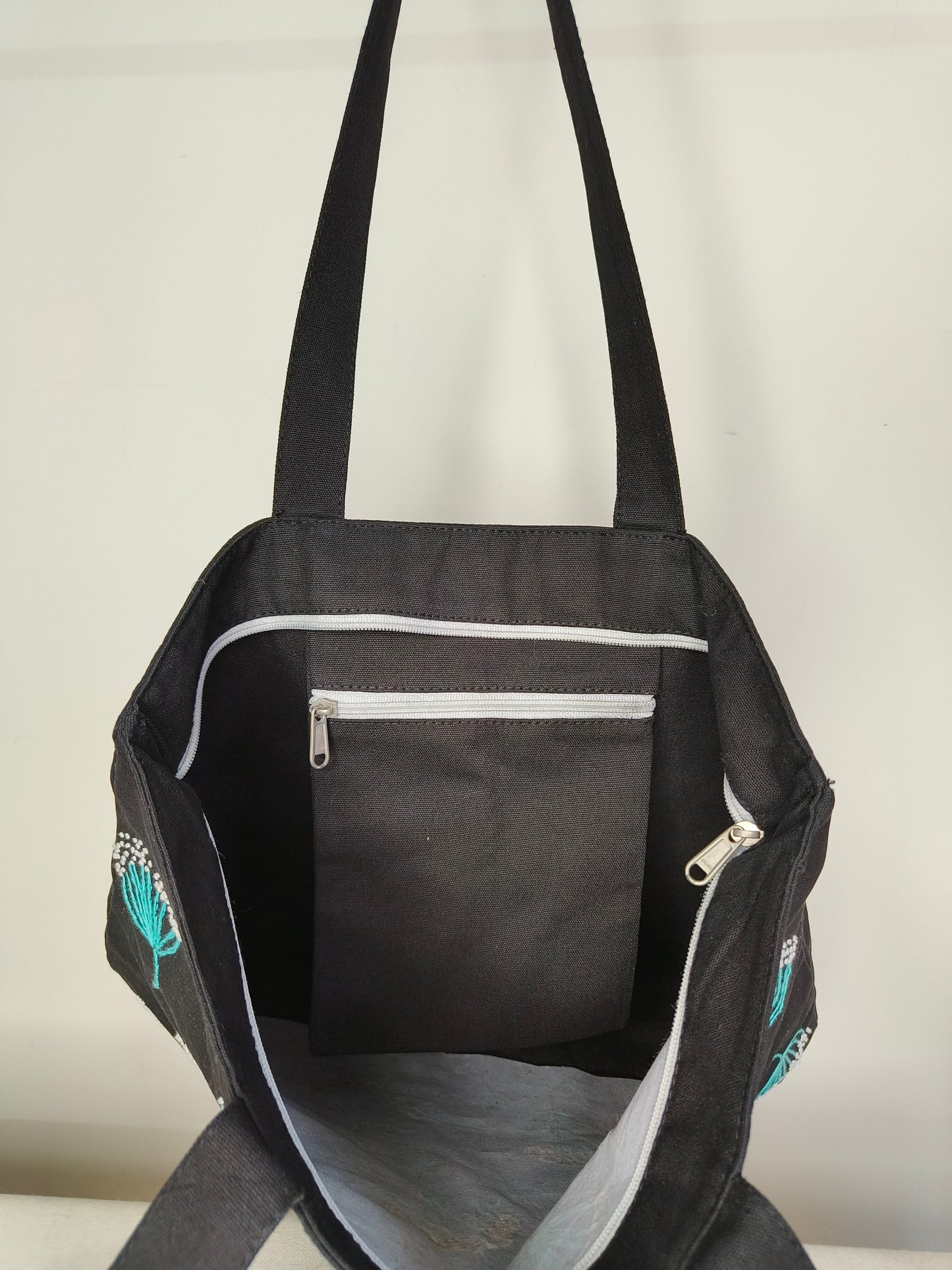 Embroidered Black Canvas Tote Bag|