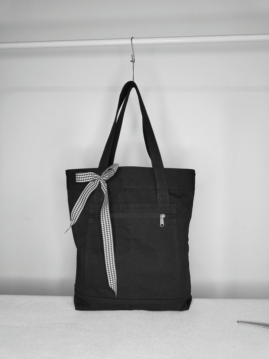 Bow Design Black Canvas Tote Bag|