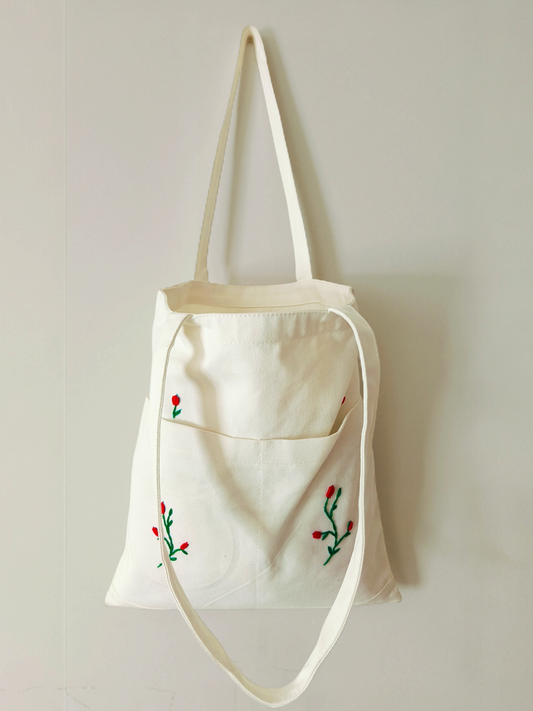 Embroidered Open Canvas Tote Bag