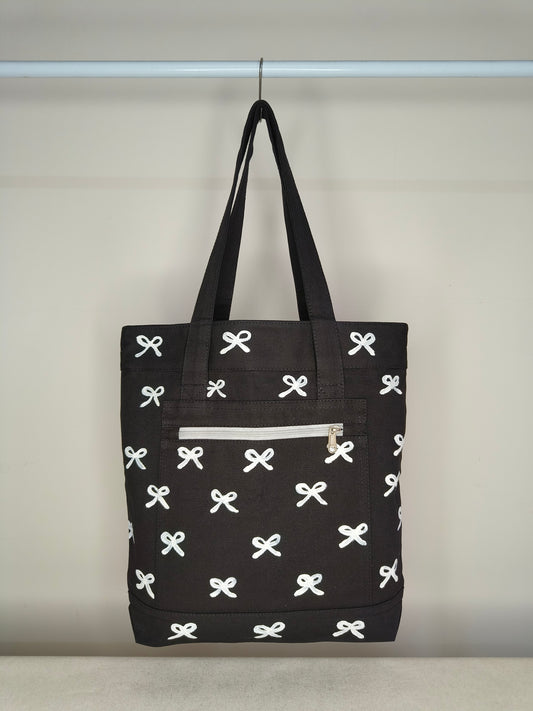 Bow Design Black Canvas Tote Bag|